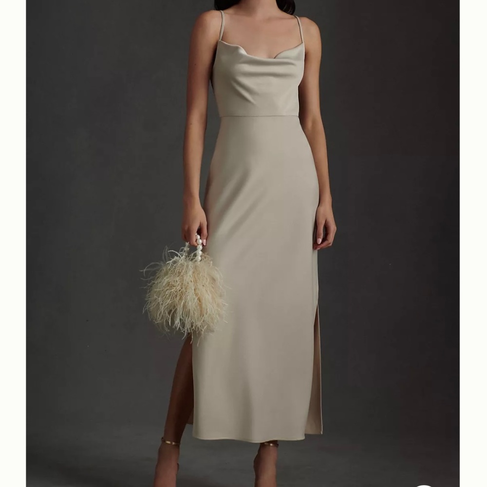 BHLDN Cali Satin Cowl-Neck Midi Slip Dress - Champagne